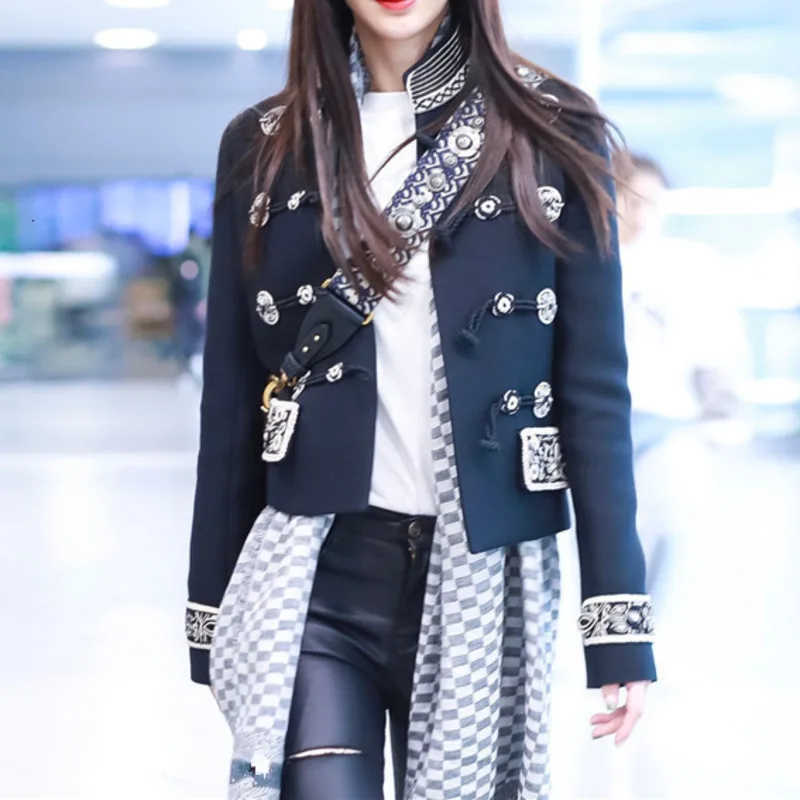 

XUXI 2020 Gothic Women's Designer's Brand Coat Black Coat Embroidered With Crotch Black Coat Streetwear FZ0667