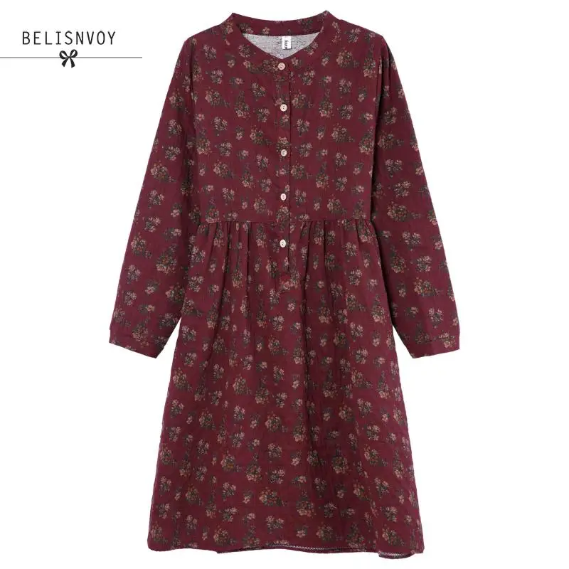 Prairie Chic Style Dress Fashion Spring Autumn New Women Vestidos Stand Collar Floral Printed Dress Casual Long Sleeves Vintage
