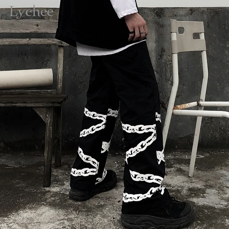 Lychee Harajuku женские штаны с цепным принтом низ эластичная талия свободные Осенние