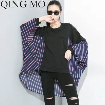 

QING MO Striped Women T Shirt 2020 Spring Women Full Batwing Sleeve T Shirt Women Streetwear Style T Shirt Irregular ZQY1419