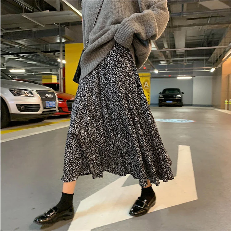 Весенне-осенняя Женская юбка новая Корейская версия эластичная высокая талия цветочный принт Черная облегающая свободная длинная юбка Faldas