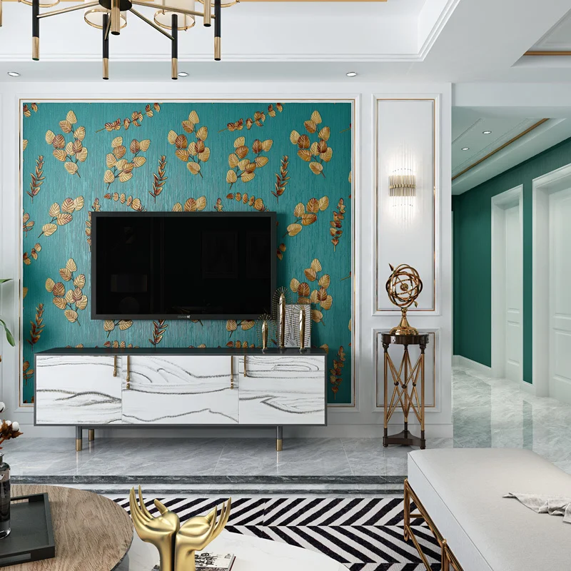 

Rustic New Leaf Wall Papers Home Decor Thin Strip Peacock Blue Green Wallpaper Roll For Living Room Bedroom Decoration Mural