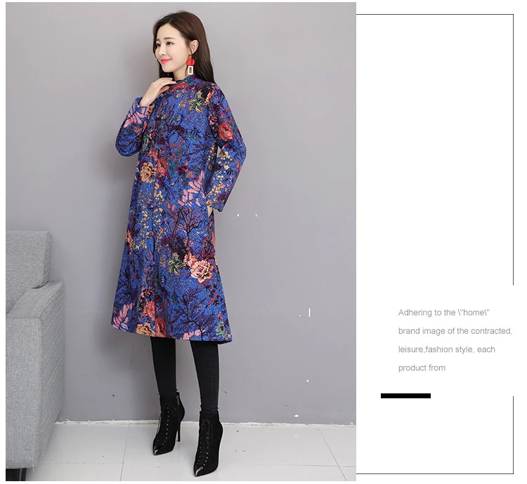 Photo Shoot Autumn And Winter New Style Large Size Retro National Style Printed Cotton Linen Brushed And Thick Frog Hat Overcoat