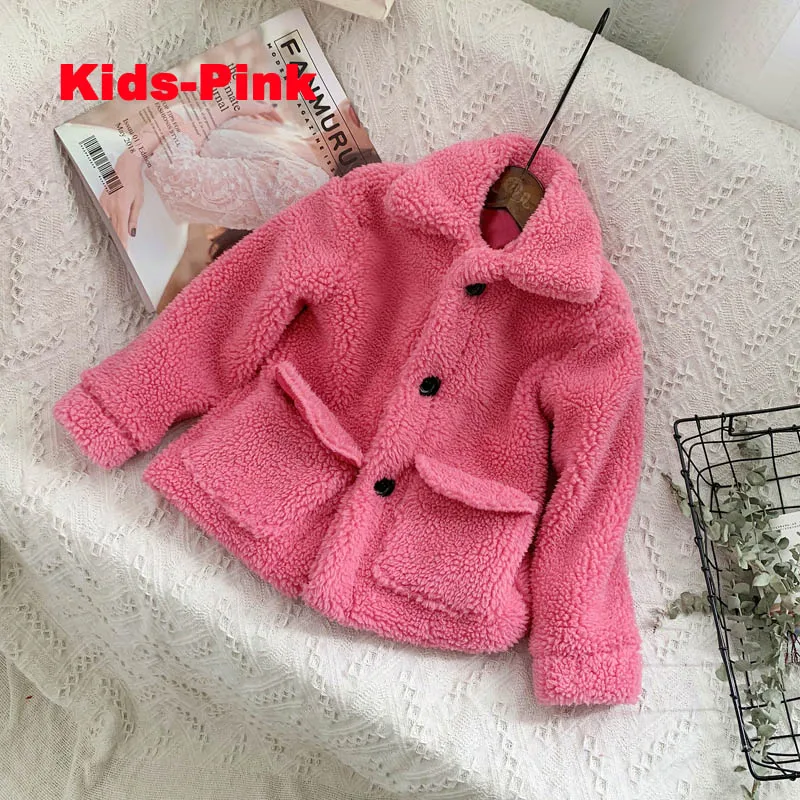 Стильная женская шуба с плюшевым мишкой для девочек, куртка Ins,, пальто с искусственным мехом для мамы и дочки, зима, плотные теплые длинные пальто - Цвет: girls-pink fur coat