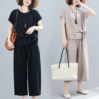 

Cotton And Line Summer Cloth Women Plus Size sports suit Top And Pant Two Piece Set Sportwear Tracksuit Matching Set outfit