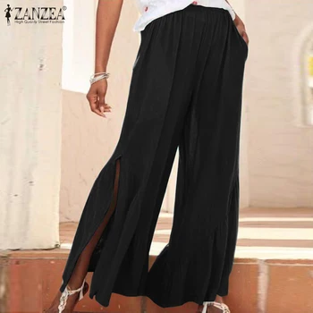 

ZANZEA Women Summer Trousers Fashion Wide Leg Pants Casual Elastic Waist Solid Long Pants Loose Split Hem Pantalon Streetwear