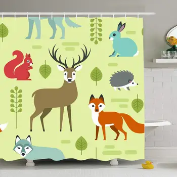 

Shower Curtain Set with Hooks 66x72 Branch Wolf Pattern Cute Forest Reserve Mammal Style Animal Animals Deer Plant Wildlife