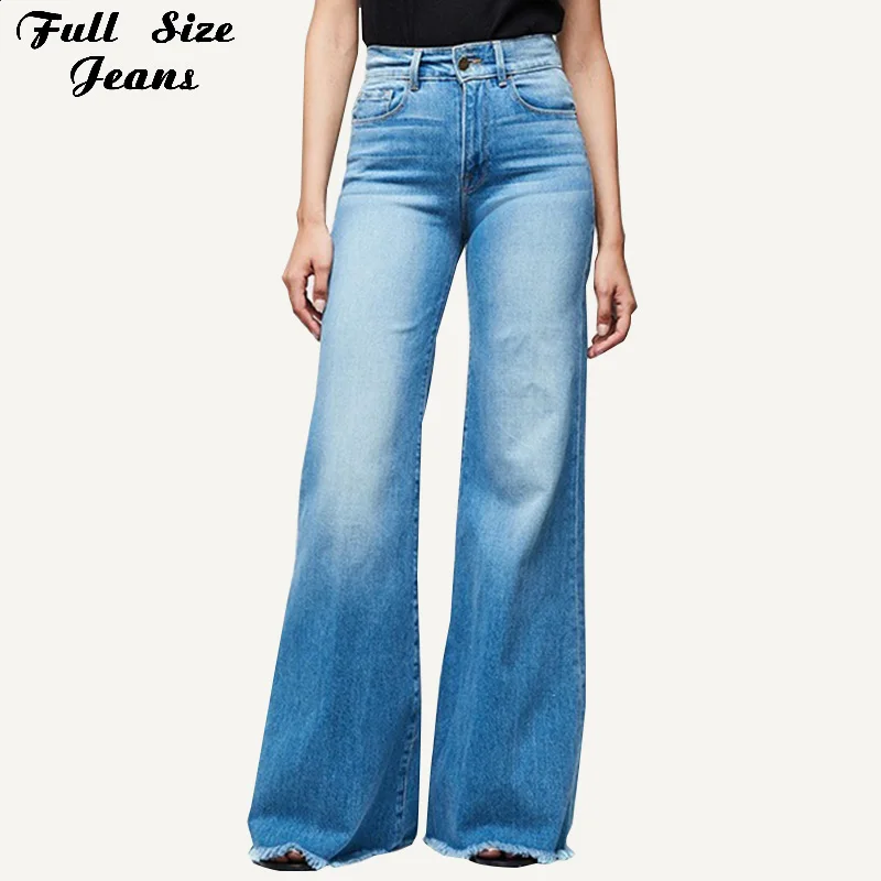 

Plus Size High Waist Wide Leg Frayed Hem Long Jeans 3Xl 4Xl Bleach White Wash Bell-Bottom Denim Pants Trousers Mom Jean