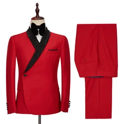 Men's Suits Red Fashion Design One-Button Mens Suit With Pants Shiny Lapel Gentleman Formal Party For Wedding Groom Tuxedos