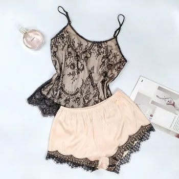 

Suphis Sexy Khaki Mesh Pajama Sets Female V Neck Sleeveless Satin Top Cami Lace Shorts PJ Set Autumn Sleepwear Women