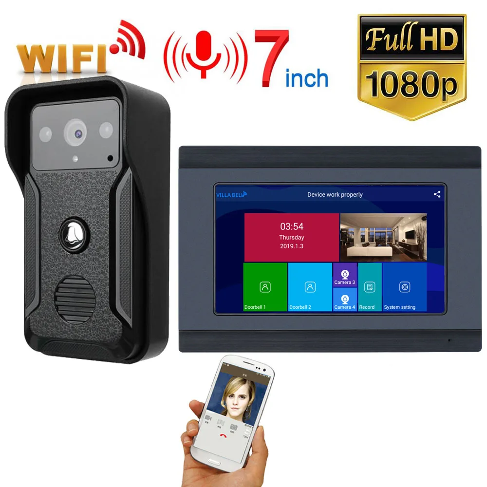 7 Inch Wireless WiFi Smart IP Video Door Phone Intercom System with 1x1080P Wired Doorbell Camera,Support Remote unlock