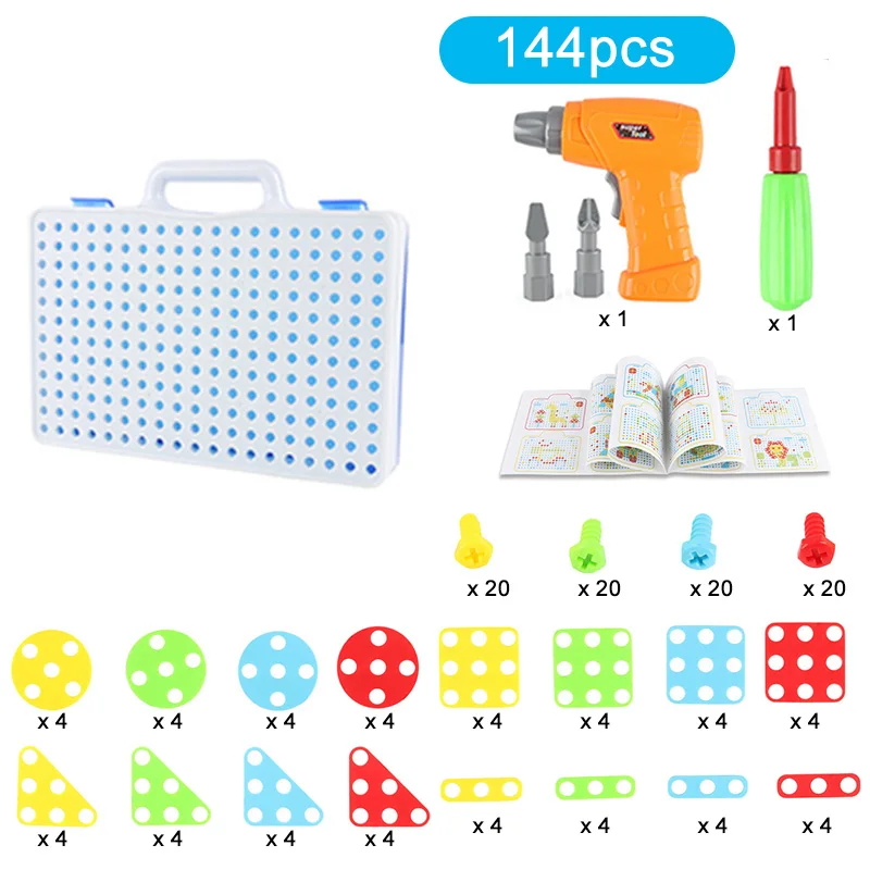 144PCS no box Детский набор инструментов, игрушки для детей, дрель-головоломка, Электрические игрушечные дрели, винтовые Игрушки для мальчиков, детский набор сверл - Цвет: 144PCS no box