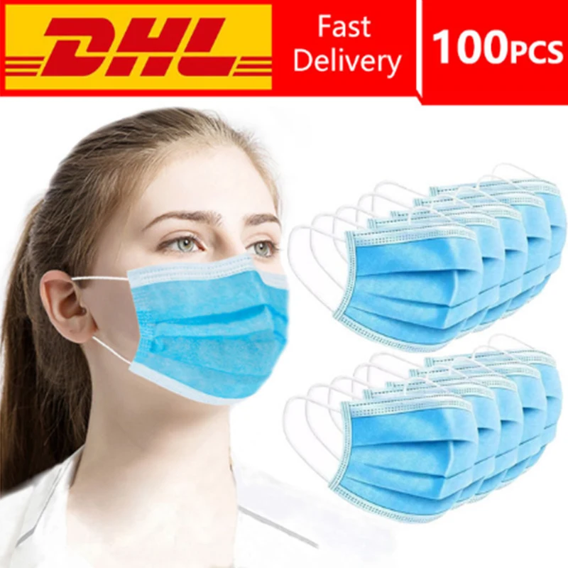 

100PCS Face Masks Fast delivery DHL Disposable Earloop Face Mouth Masks 3 layers Non-woven Fabric face protector cover