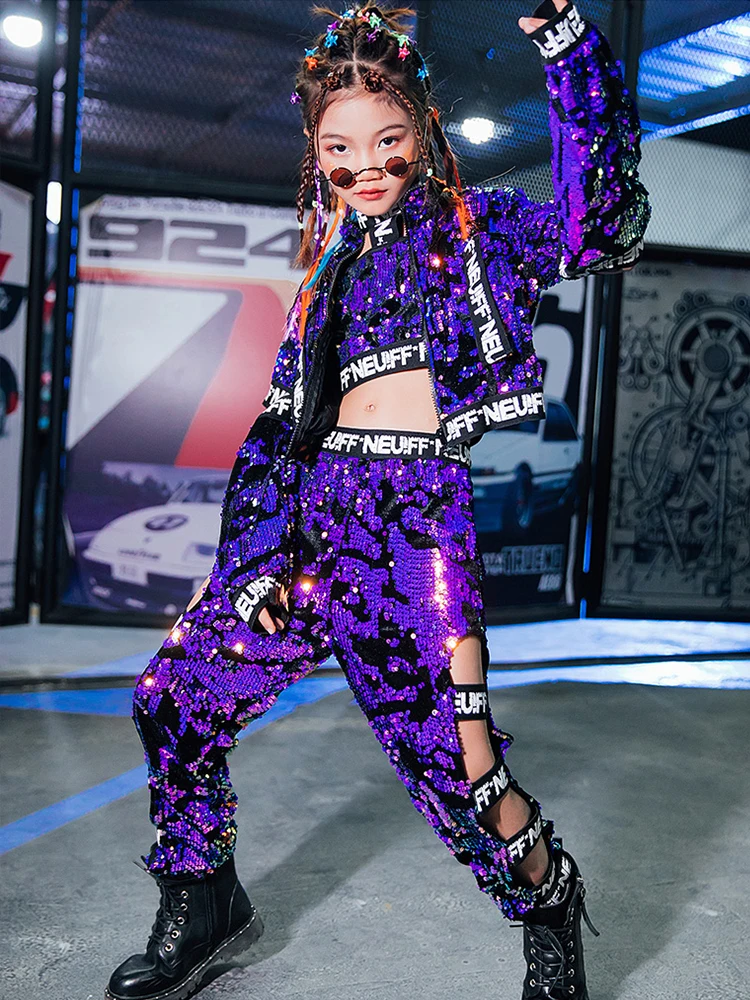Jazz Costume Girls Purple Sequin Hip Hop Set Street Dance Performance Clothing Stage Dancing Wear Flared Sleeve Clothes DC1006