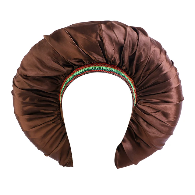 New Women Big Size Beauty print Satin Silky Bonnet Sleep Night Cap Head Cover Bonnet Hat for For Curly Springy Hair Black 1003B COFFEE