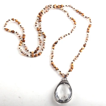 

MD Fashion Bohemian Tribal Jewelry 4mm Semi Precious Stone Long Knotted Glass Dorp Pendant Necklaces