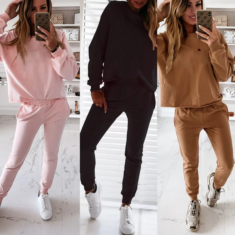 

Women 2PCS Tracksuit Suit, Long Sleeves + Trousers, Simple Solid Color Style Elastic Closure Spring Clothing