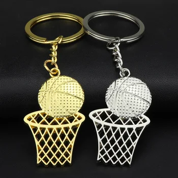 

Unique Design Metal Basketball Player Keychain School Team Promo Reticulate Basketball Hoop Keyring Gold Silver Color Fans Gift