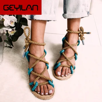 

Women Sandals Lace Up New 2019 Rome Hemp Rope Women Flat Sandals Casuals Gladiator Cross Tied Women Shoes Summer Women Sandles