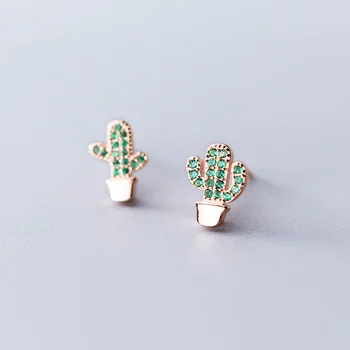 

925 Sterling Silver Green Zirconia Cactus Sweet Stud Earrings For Women Girls Kids Jewelry Minimalist Ear Studs Pendientes Gifts