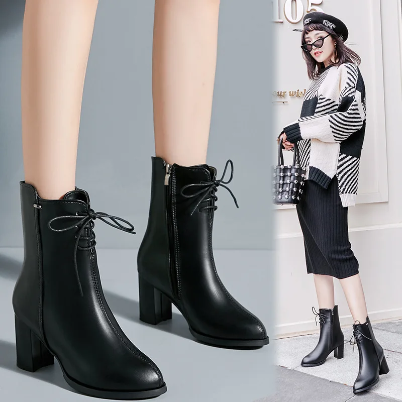 

High Heel Pointed Lace-up Short Boots Women's 2019 Spring New Style Martin Boots Women's Chunky-Heel Student Boots Anti-slip WOM