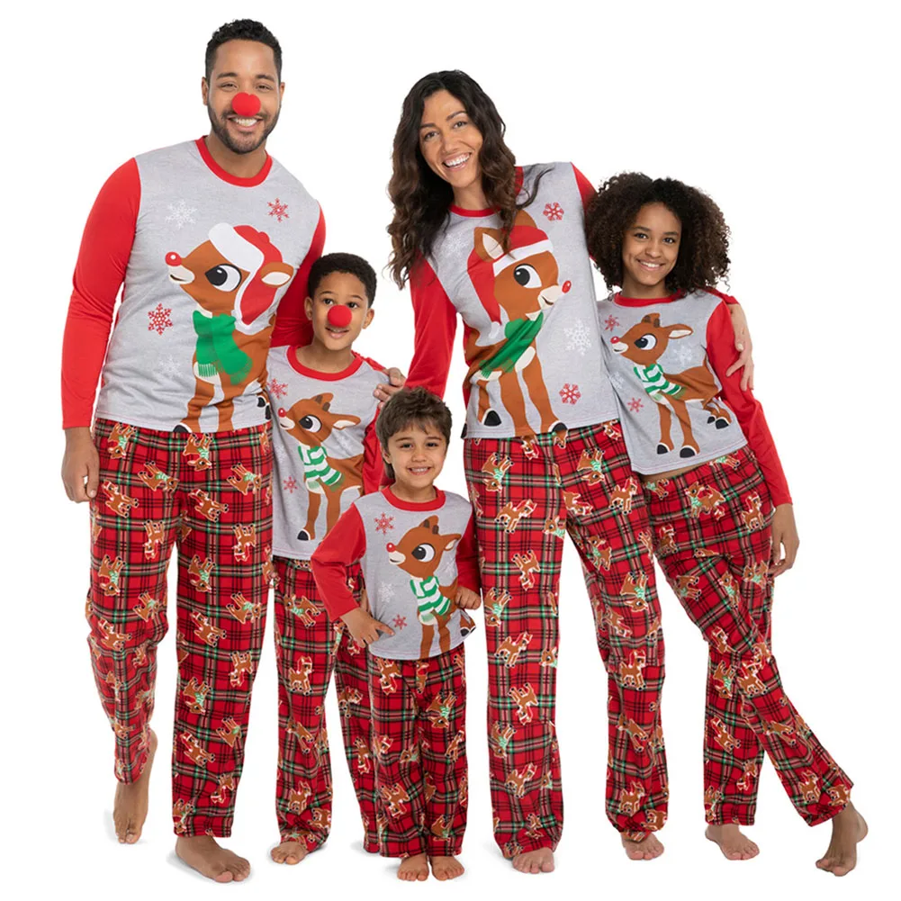 Рождественские пижамы; Семейные комплекты для взрослых, женщин, мужчин и детей; Новогодняя одежда с длинными рукавами; пижамы; комплект из 2 предметов - Цвет: Красный