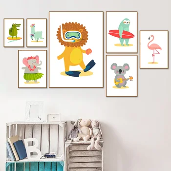 

Wall Art Canvas Painting surf Lion Elephant Alpaca Crocodile Koala Nordic Posters And Prints Wall Pictures Baby Kids Room Decor