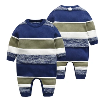 

2019 Winter New Born Baby Boy Winter Overalls Jumpsuit Toddler Infant Boys Cotton Striped Knit Romper for Cihld Autumn Clothes