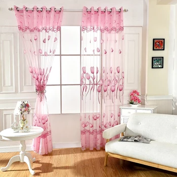 

Tulip Printed Polyester Tulle Curtains For Living Room Children's Room Window Curtain For Bedroom Home Textile 5 Colors