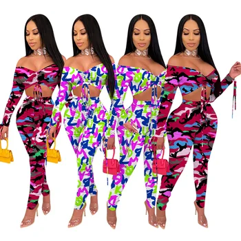 

Echoine camouflage printed two piece set women off shouder stacked crop tops stacked pants suits sweat fashion tracksuit outfits
