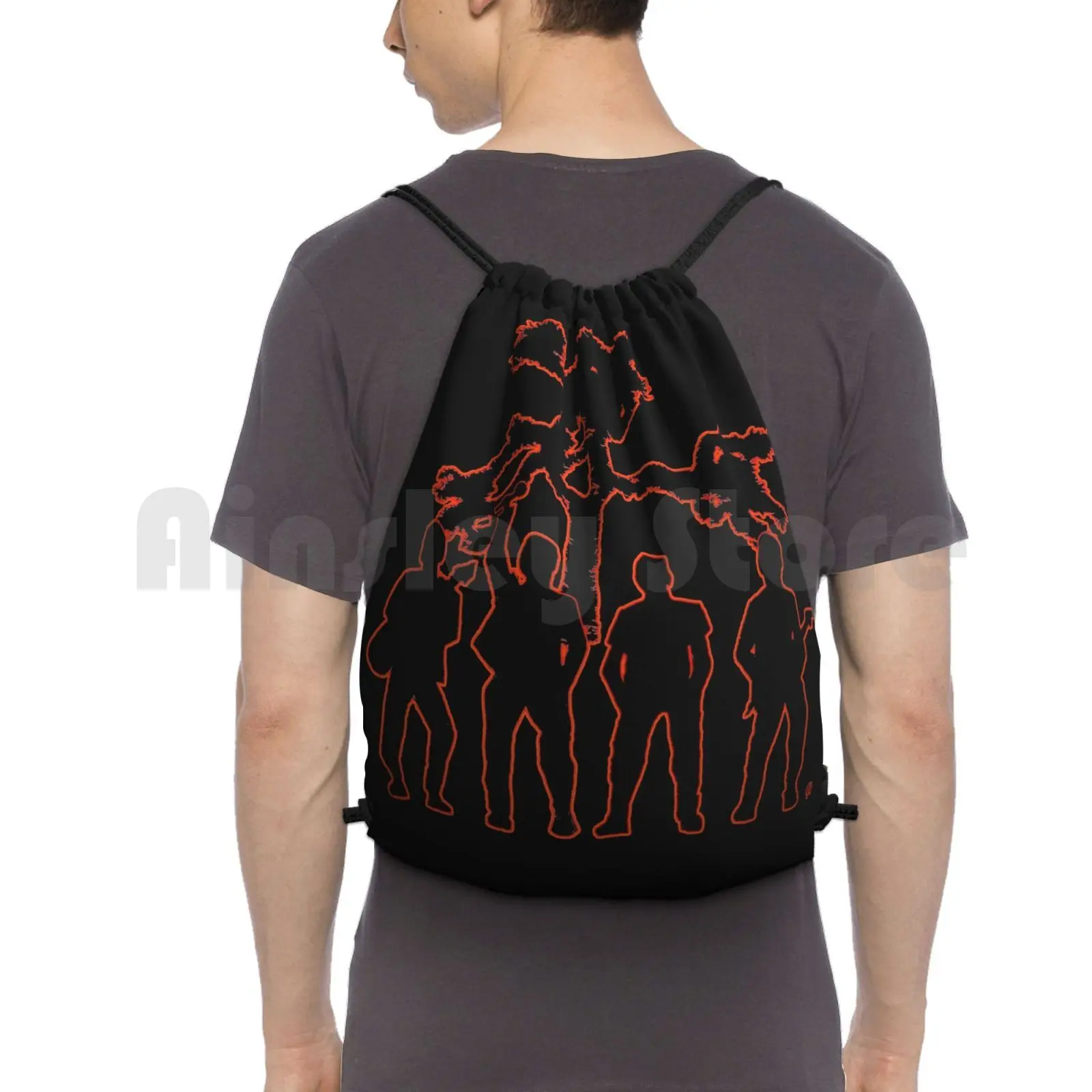 

Irish Rock Stars In Red Outline Glow Backpack Drawstring Bag Riding Climbing Gym Bag Joshua Tree Album Black Red Silhouette