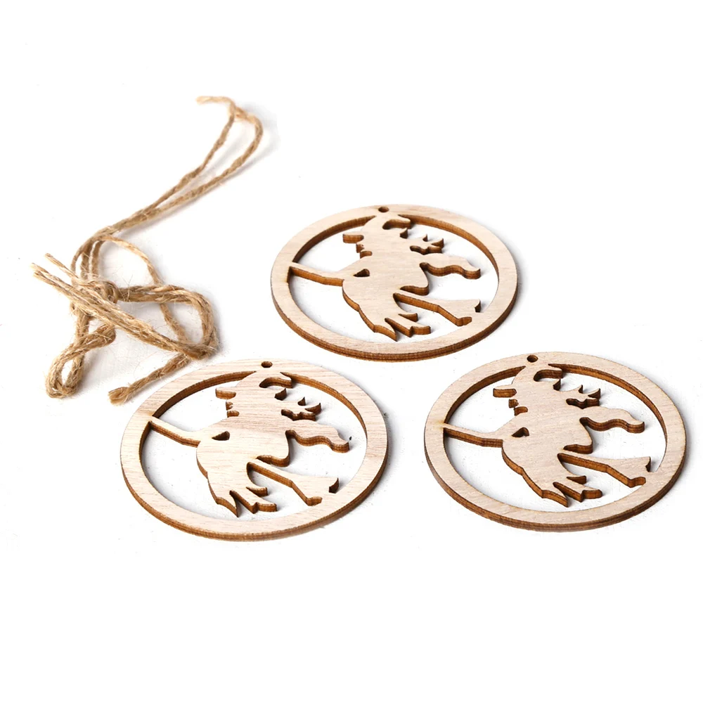 

3pc Halloween wooden round laser engraving hollow witch DIY ornaments Hollow Wooden Pendants Ornaments Halloween Decorations