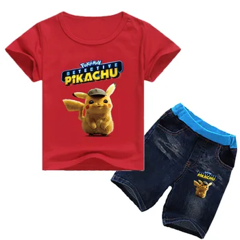 

DLF 2-16Y Fashion Detective PIKACHU T-shirt+jeans 2pcs Sets Kids Summer Clothing Set Baby Girls Clothing Set Teenagers Boys Suit