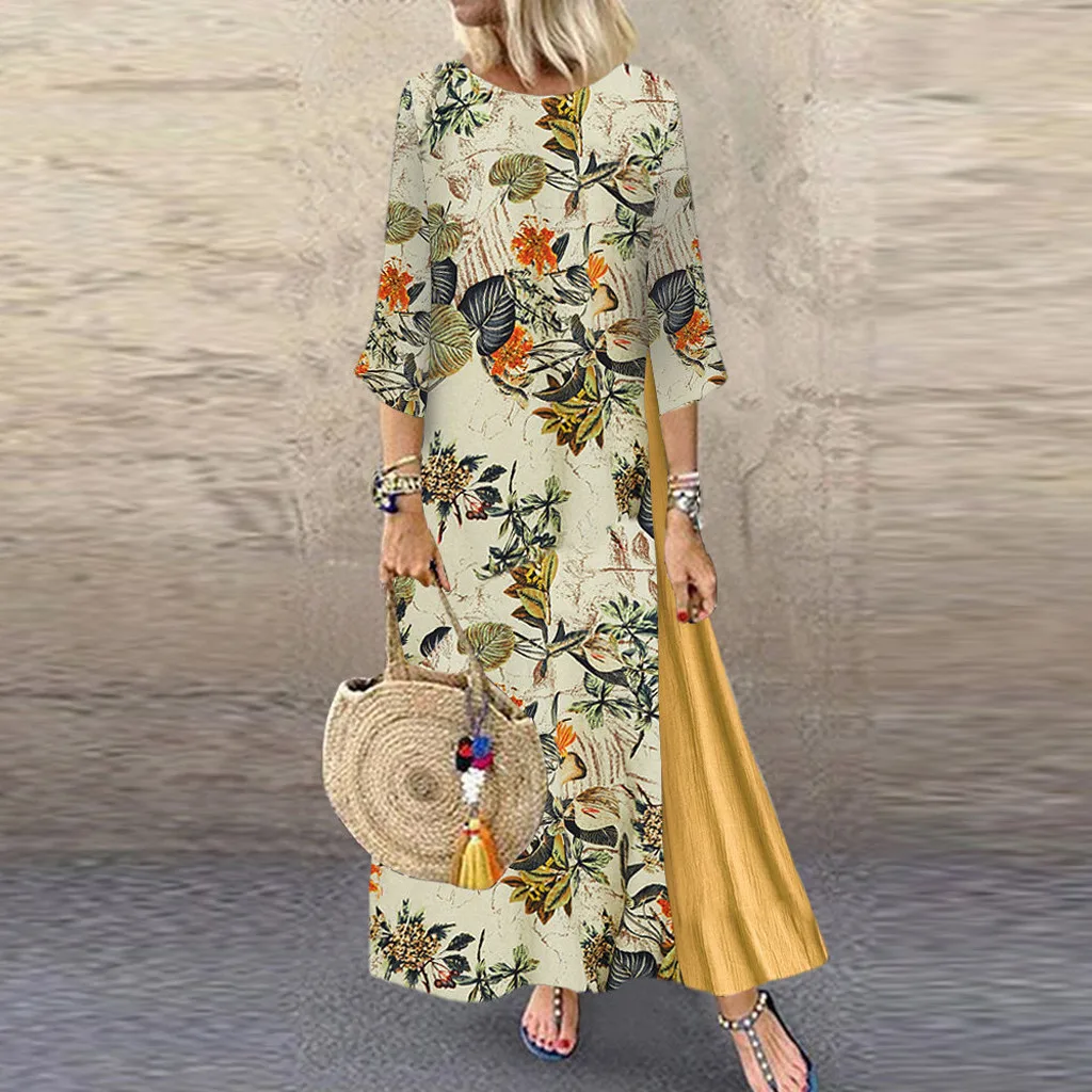Women Vintage Dress Print Floral Patch Dress 3/4 Sleeve O-Neck Loose Maxi Dress dresses woman party night robe femme vestido new