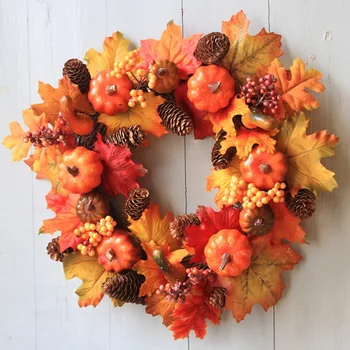 

Halloween Autumn Holiday Artificial Pumpkin Maple Leaves Wreath With Pine Cone Berries Front Door Decoration Halloween Wreath