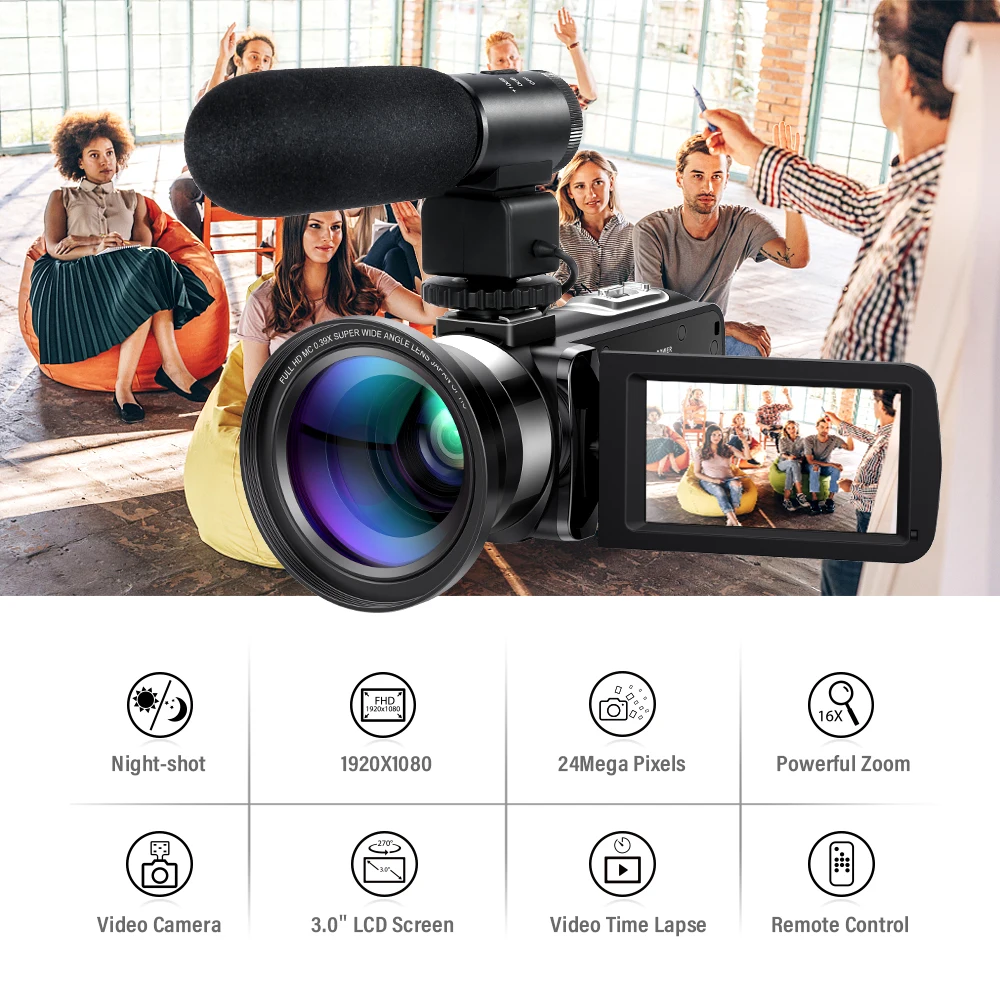 Andoer FHD 1080P домашняя Портативная Цифровая видеокамера Camecorder инфракрасное ночное видение 3," вращающийся экран 16X цифровой зум 24MP