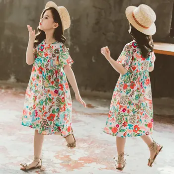 

Summer Girls Dress Kids Short Sleeve Floral Print Korean Casual Style Dresses Children's Clothing Princess Dress 4-13 Years Old
