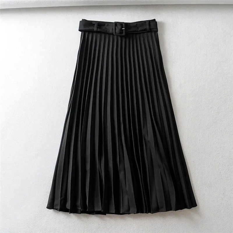 Женская плиссированная юбка осень зима Высокая талия пояс сплошной цвет молния женские юбки элегантные женские Saias Свободная юбка средней длины - Цвет: Black