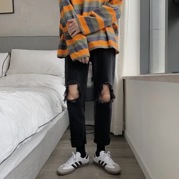 

Men's jeans 2020 spring new slim solid color ripped pants 9 points jeans loose casual fashion personalized youth men's wear
