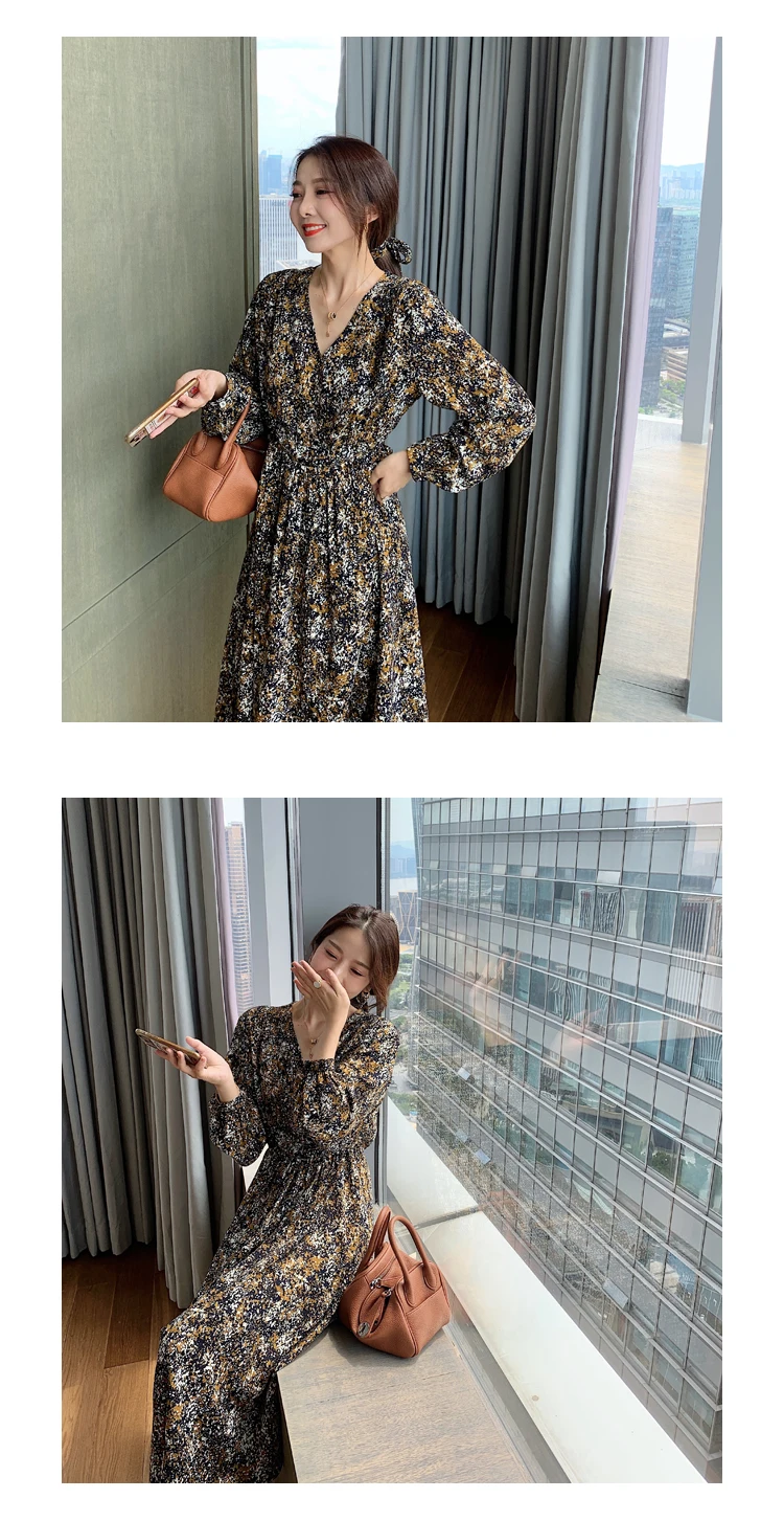 Vintage Print Holiday Boho Dress Women Long Sleeve Robe Femme Autumn Beach Sundress Korean Ladies Fashion Long Dress Vestidos