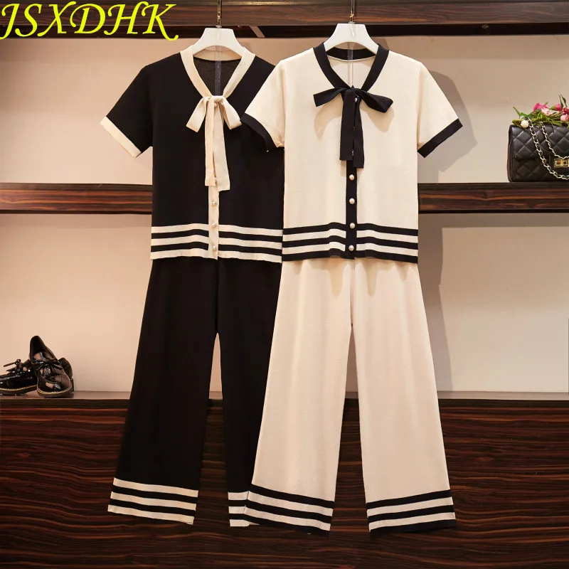 

JSXDHK Plus Size Women Knit Tracksuit Summer Hit Color Striped Bow Knitted Cardigan Top + Elastic Waist Nine Wide-Leg Pant Suits