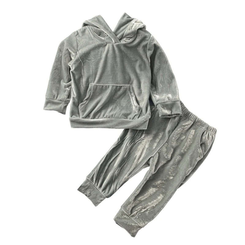 Модный Бархатный спортивный костюм детский пуловер для маленьких девочек и мальчиков, рубашка Топы+ штаны, детская одежда джемпер, толстовка с капюшоном, комплект из 2 предметов - Цвет: Серый