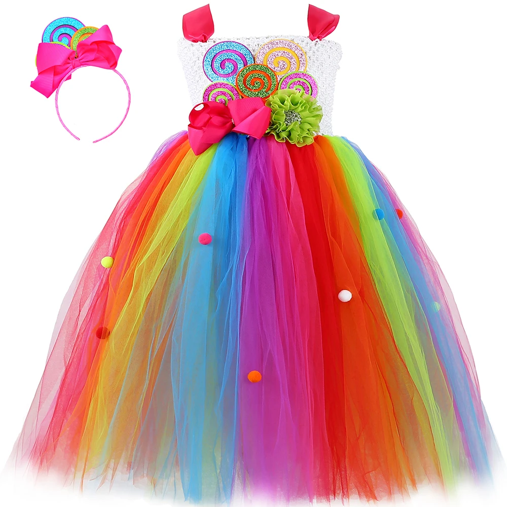Rainbow Candy Girls Tutu Dress Sweet Lollipop Flower Girl Birthday Party Children Kids Tulle Dresses for 1-14Y | Детская одежда и