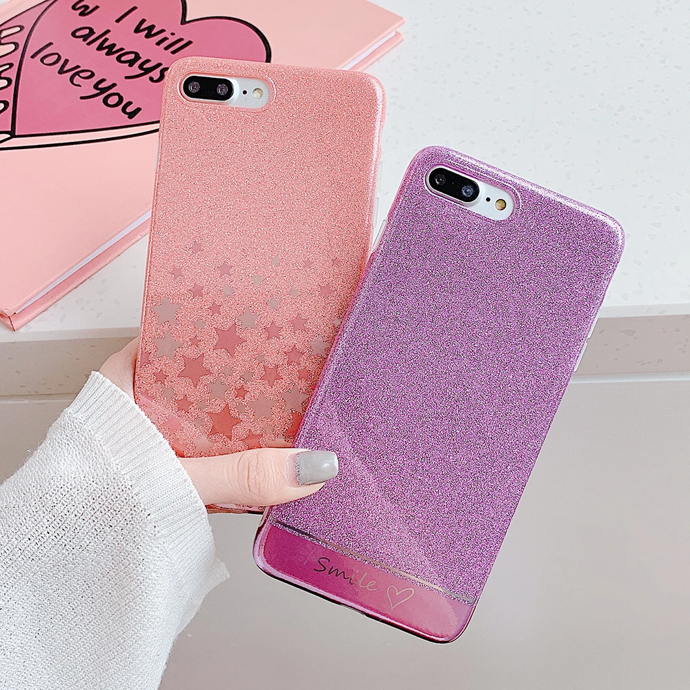 

Cute Purple Glitter Star Phone Case For iPhone XR XS Max 6 6S 7 8 Plus X Soft IMD Full Body Plain Color Shockproof Back Cover