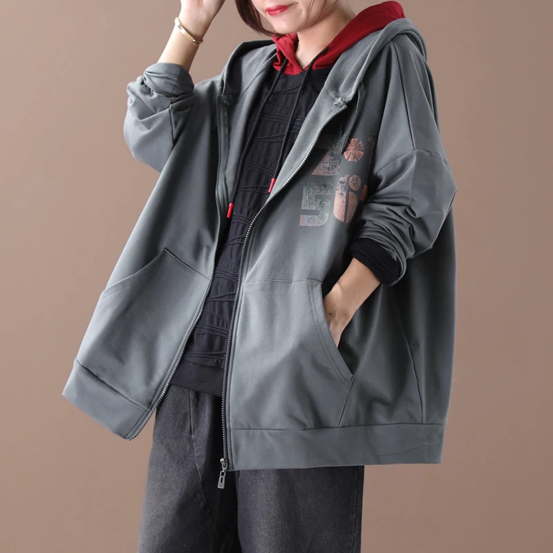 

2019 female new autumn and winter plus size korean style short outerwear literary with zipper cardigan hooded loose sweatershirt