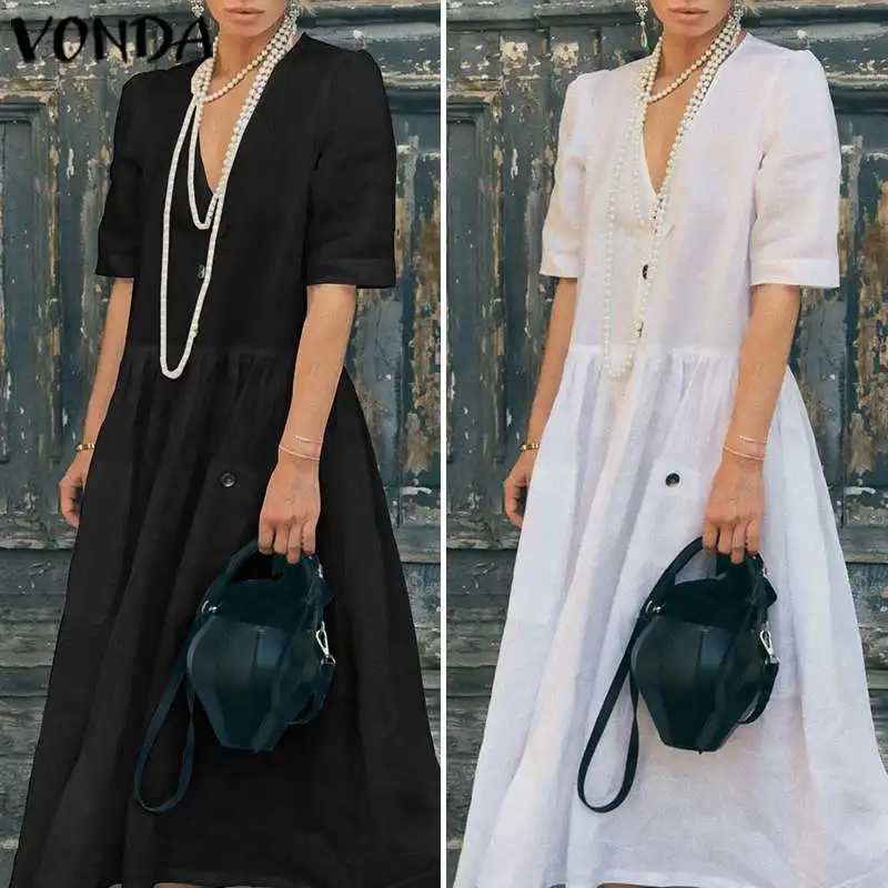 VONDA Half Sleeve Deep V Neck Maternity Dress Solid Color Autumn Dresses Button Up Holiday Bohemian Vestidos Maxi Pregnancy Robe