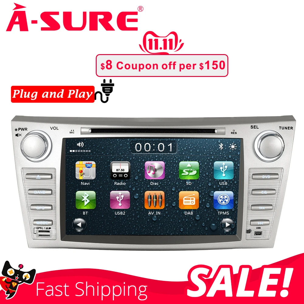 A-Sure 8 дюймов 2 Din Авто радио gps стерео dvd-плеер навигация для Toyota Camry 2007-2013 DAB + wifi 16G rom