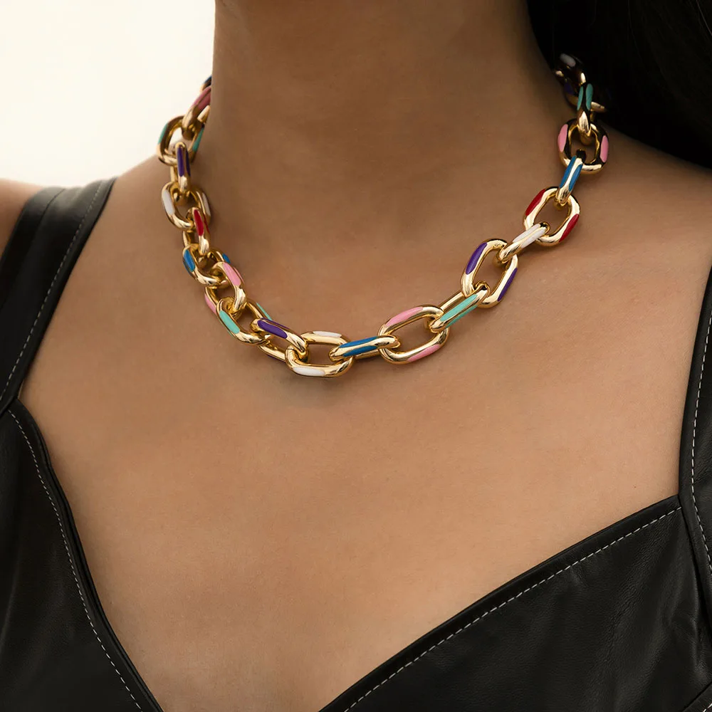 Punk Colorful Metal Chain Choker Adjustable Chunky Chain Fashion Hip Hop Short Necklace Bracelet