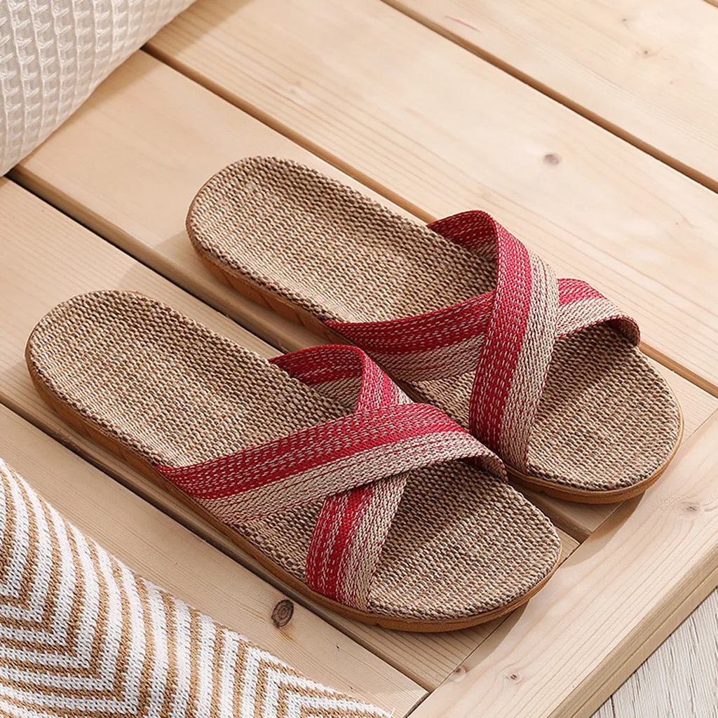 

Women Slippers Flax Casual Slides Patchwork Summer Linen Beach Slippers Female Flip Flops Lovers Indoor Floor Shoes#0706LJC