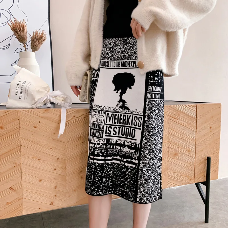 Women's Skirt Knitting embroidery Autumn Letters Knit Thick Soft Pencil Skirts Students Japan Woman Faldas Female LS149